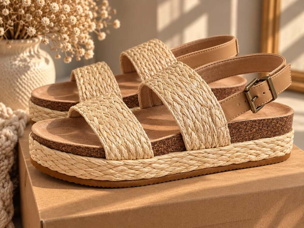 Marc Ford Raffia Platform Wedge Sandals Beige